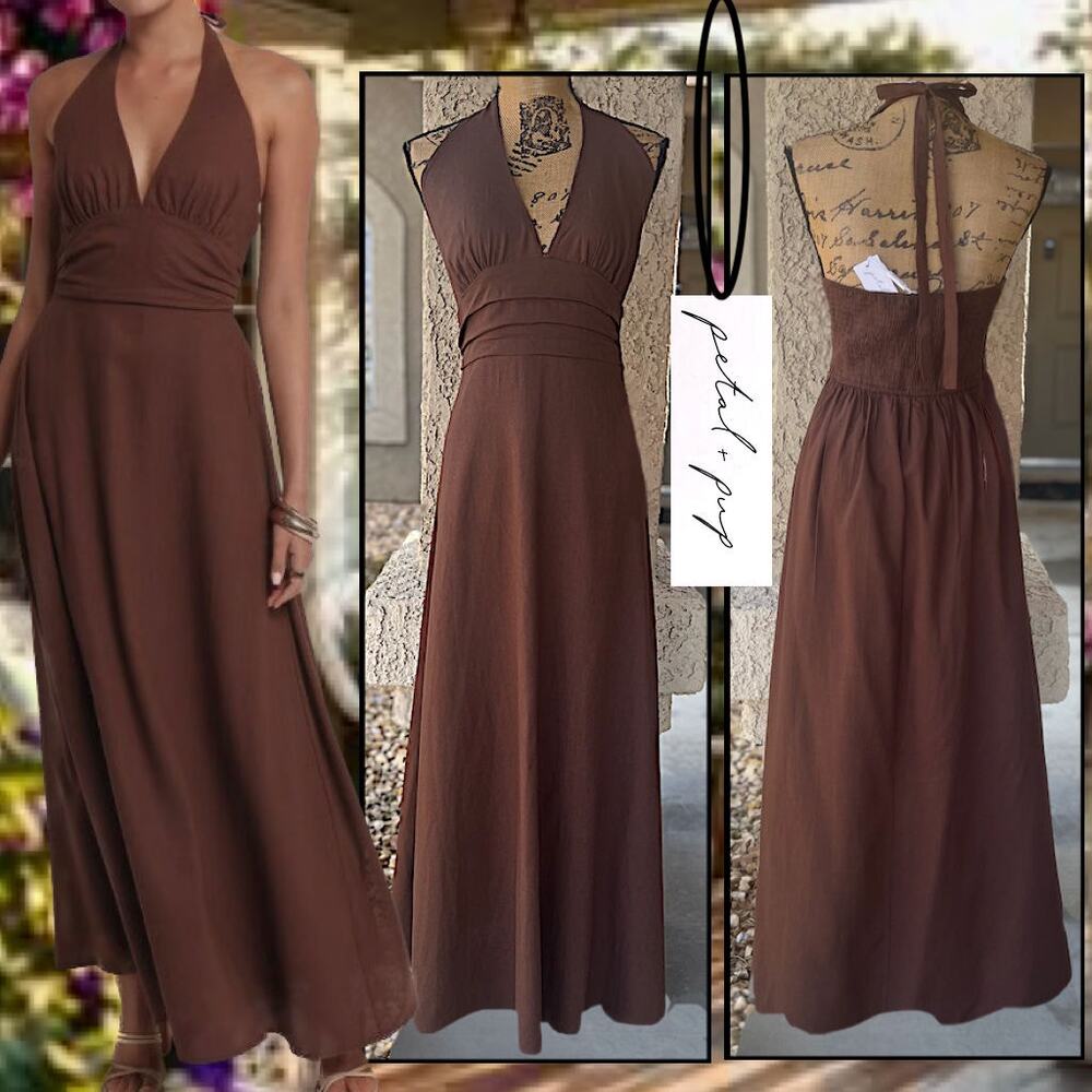 Petal & Pup Chocolate Halter Neck Maxi Dress Size XL NEW